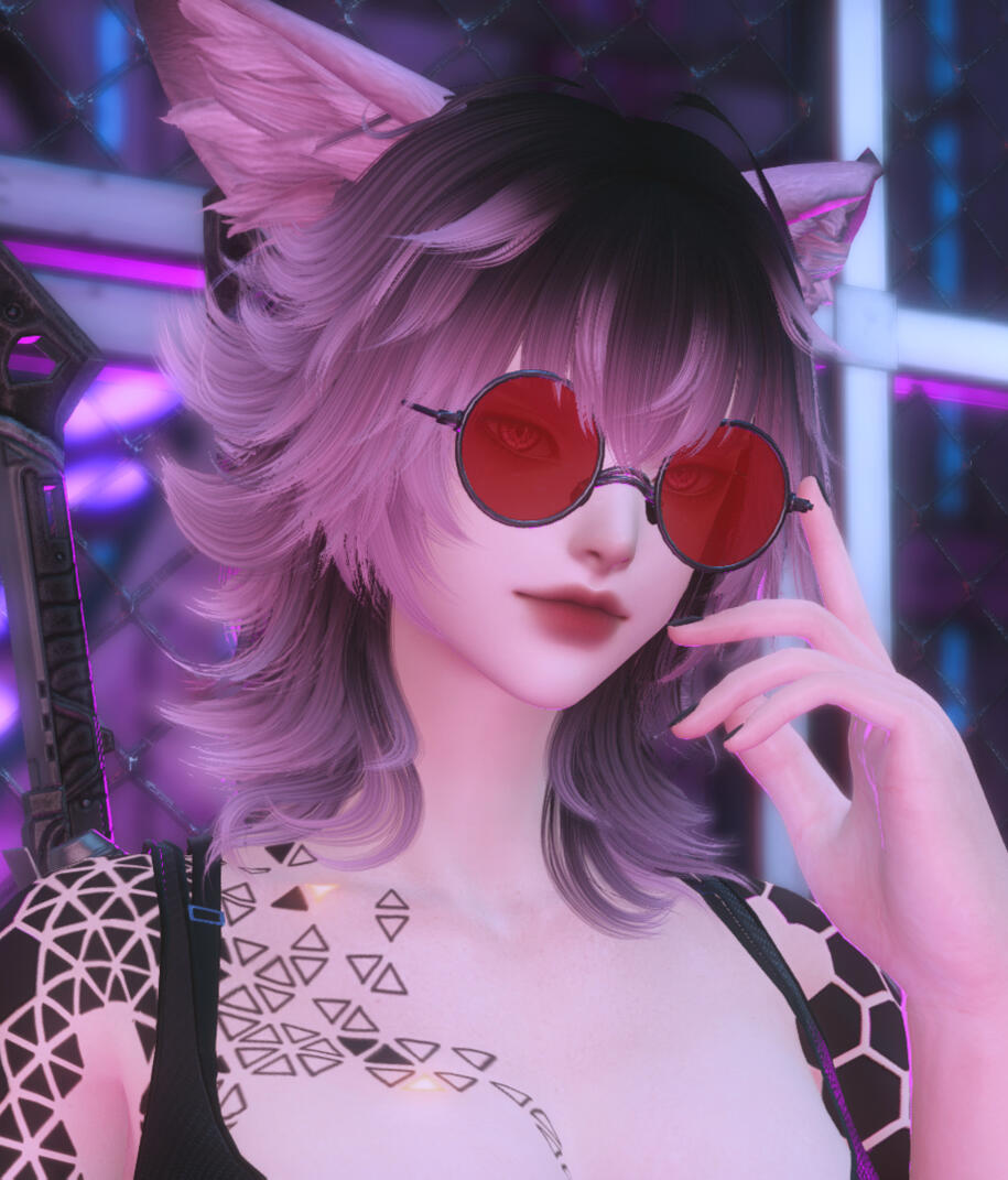 An image of a pink-haired woman, fluffy vulpine ears on display, eyeing the camera from behind crimson lenses. She's adjusting them, delicately, with a single black-tipped finger.