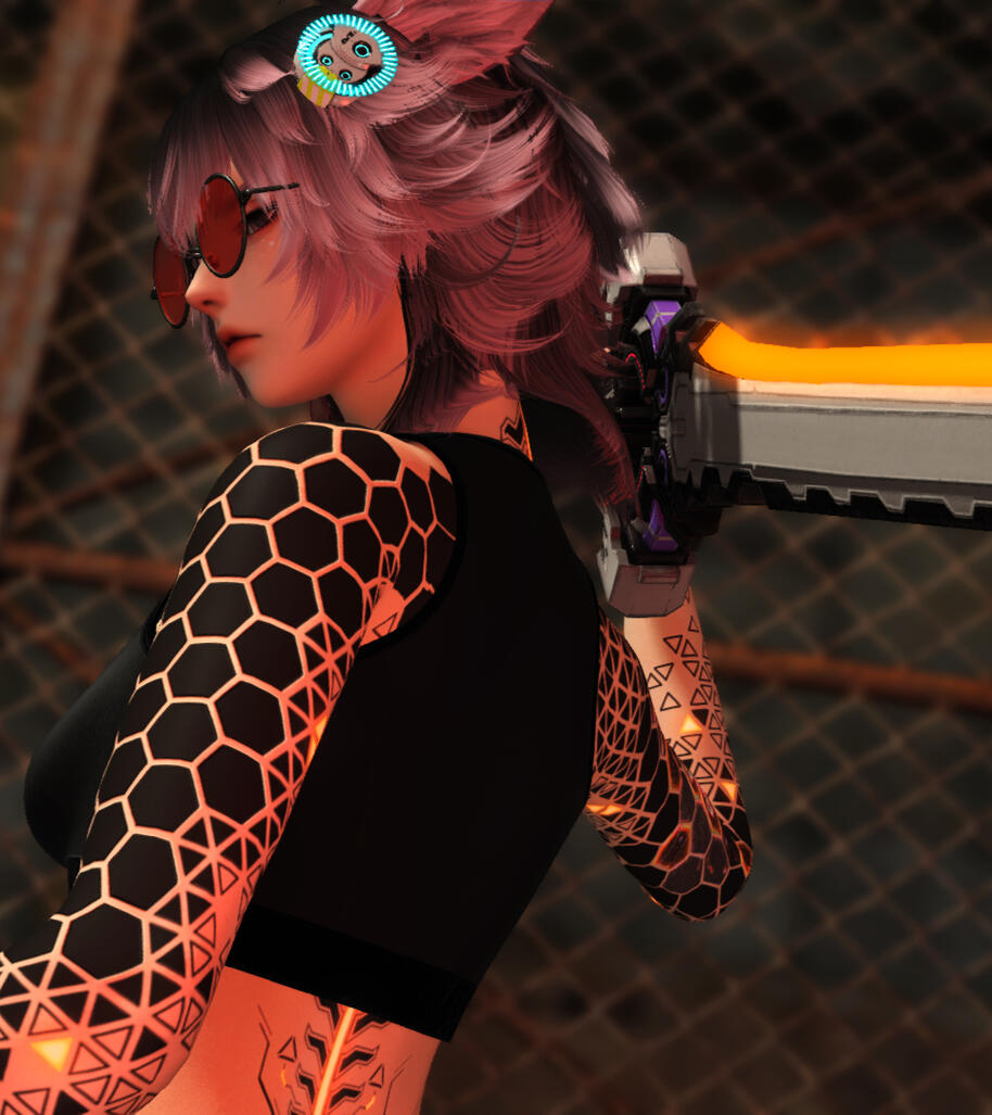 Onyx Back An image of a pink-haired woman, fluffy vulpine ears on display, eyeing the camera. She holds a blade up, behind her back. Geometric tattoos dashed with orange cover her.