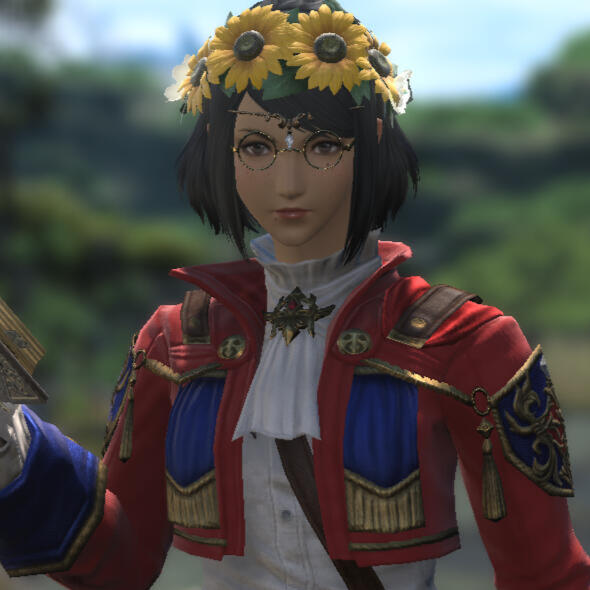 An image of a pink-haired woman, fluffy vulpine ears on display, eyeing the camera. She holds a blade up, behind her back. Geometric tattoos dashed with orange cover her.