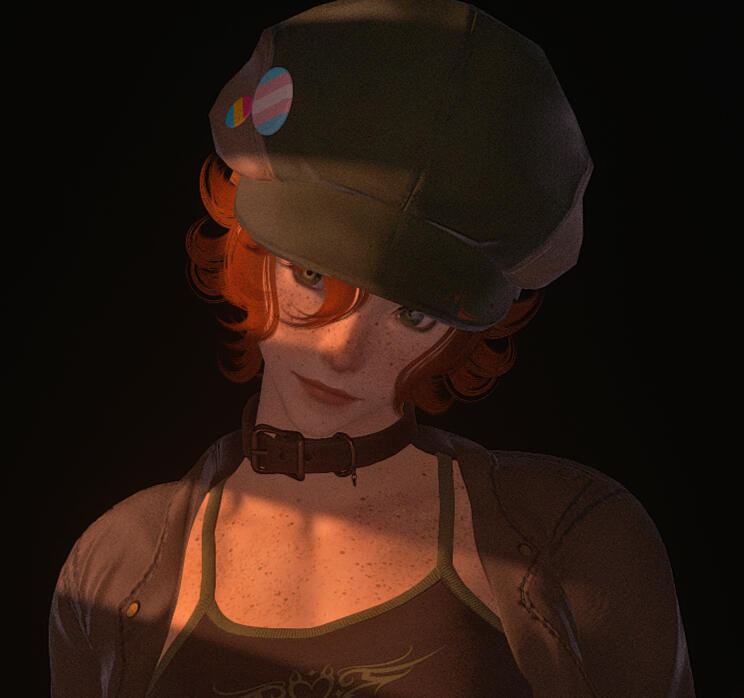 Onyx Back An image of a pink-haired woman, fluffy vulpine ears on display, eyeing the camera. She holds a blade up, behind her back. Geometric tattoos dashed with orange cover her.