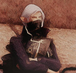 An image of a pink-haired woman, fluffy vulpine ears on display, eyeing the camera. She holds a blade up, behind her back. Geometric tattoos dashed with orange cover her.