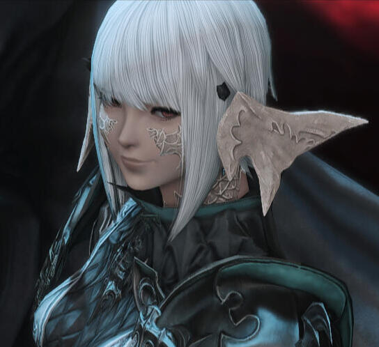 An image of a pink-haired woman, fluffy vulpine ears on display, eyeing the camera. She holds a blade up, behind her back. Geometric tattoos dashed with orange cover her.