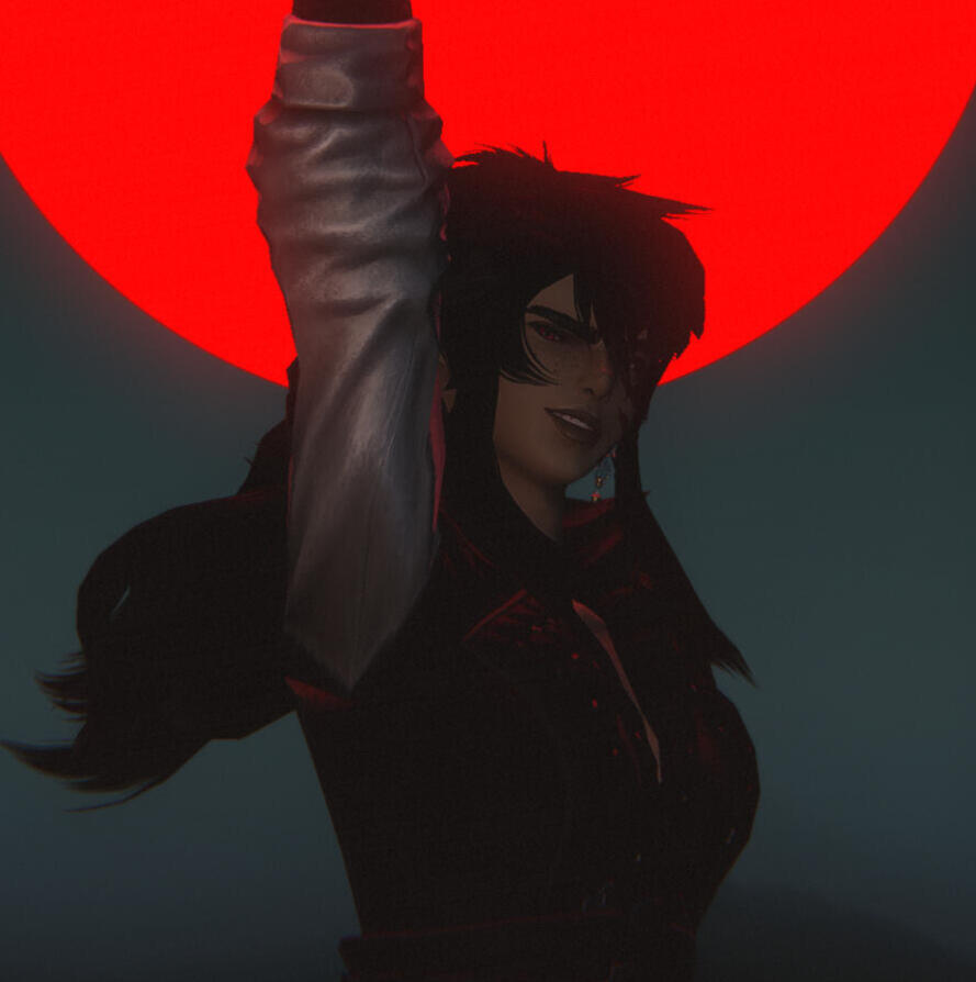 An image of a pink-haired woman, fluffy vulpine ears on display, eyeing the camera. She holds a blade up, behind her back. Geometric tattoos dashed with orange cover her.