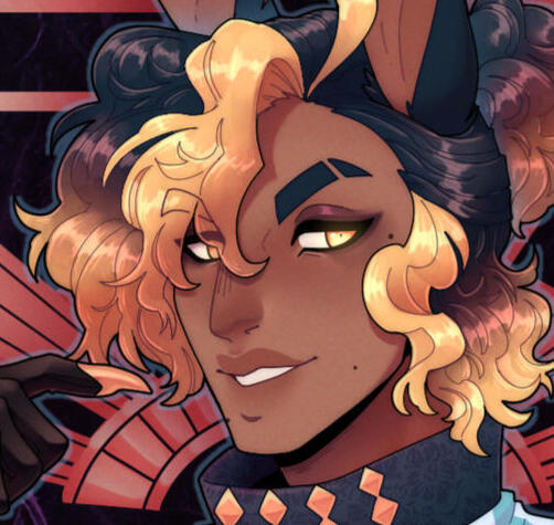 Onyx Back An image of a pink-haired woman, fluffy vulpine ears on display, eyeing the camera. She holds a blade up, behind her back. Geometric tattoos dashed with orange cover her.