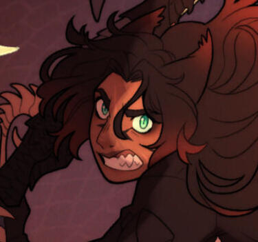 Onyx Back An image of a pink-haired woman, fluffy vulpine ears on display, eyeing the camera. She holds a blade up, behind her back. Geometric tattoos dashed with orange cover her.