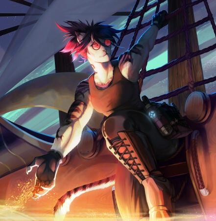 Onyx Back An image of a pink-haired woman, fluffy vulpine ears on display, eyeing the camera. She holds a blade up, behind her back. Geometric tattoos dashed with orange cover her.