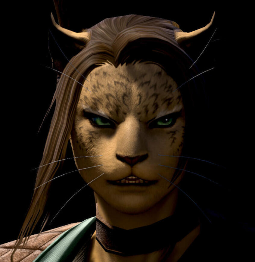 An image of a pink-haired woman, fluffy vulpine ears on display, eyeing the camera. She holds a blade up, behind her back. Geometric tattoos dashed with orange cover her.